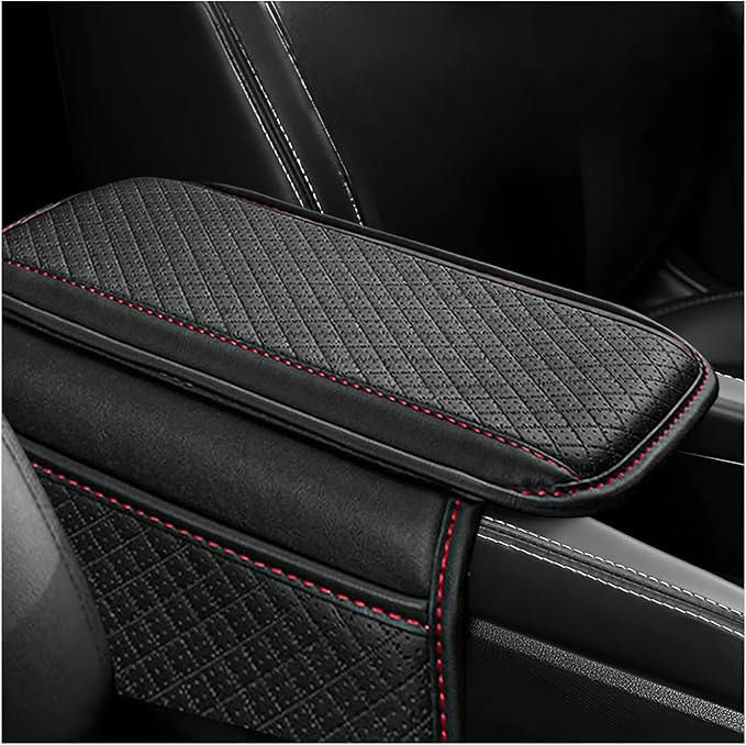 Car Center Console Cover, Microfiber Leather Armrest Cover Cushion with 2 Storage Bags, Anti-Scratch Middle Console Protector Interior Accessories for Most Cars SUVs Trucks (Black & Red)