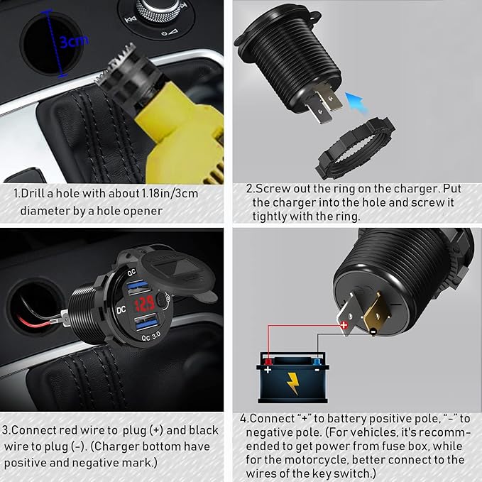 [Upgraded Version] Quick Charge 3.0 Dual 12V USB Car Charger, Aluminum Socket with Red Digital Voltmeter, Waterproof Car Outlet with Power Switch Button, for Marine Boat Motorcycle Truck Golf Cart etc