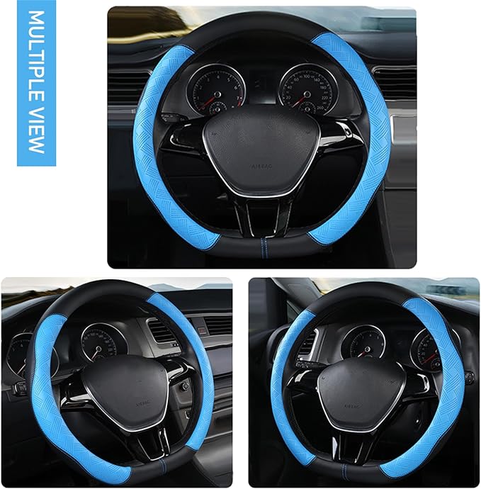 D Cut Steering Wheel Cover, Universal Microfiber Leather Breathable Flat Bottom Steering Wheel Cover Sports Style, 15 inch/ 38cm, Blue
