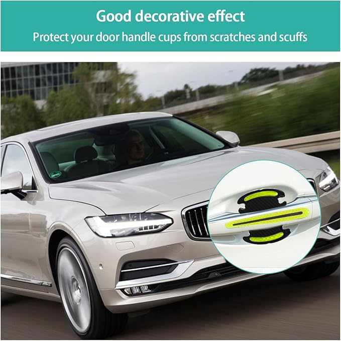 Augeny 8 PCS Car Handle Protector Reflective Stickers, Universal 3D Carbon Fiber Auto Door Handle Paint Guard, Anti-Scratch Bowl Protective Film for Most Cars (Green)