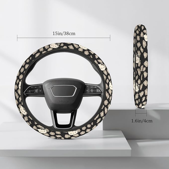 Cute Steering Wheel Cover for Women, Machine Washable Universal 14.5-15.5 inch Non-Slip Grip All Weather Use (Black Leopard Cats)