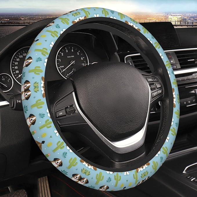 Saint Bernard Dog Breed Cactus Universal Fit Steering Wheel Cover for Car, Truck, and SUV, Durable Steering Wheel Protection