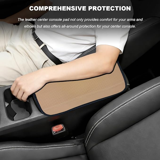 Car Armrest Storage Box Mat, Leather Embossing Auto Center Console Cushion Protective Pad, Anti-Scratch Waterproof Armrest Seat Box Protector for Most Cars Trucks SUVs (Beige)