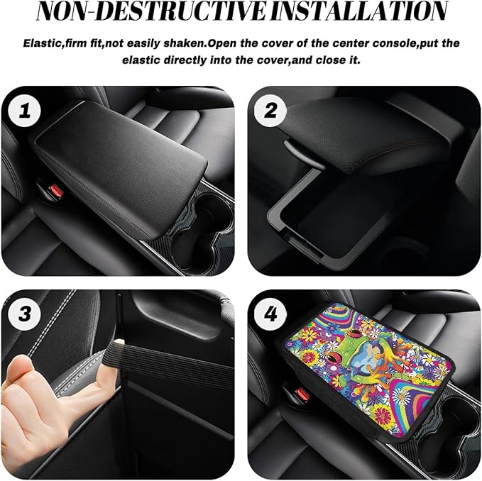 CLOHOMIN Funny Frog Armrest Cover for Car Truck Sedan Hippie Floral Auto Center Console Cover Anti-Scratch Car Center Console Armrest Cushion Accessory with 2 Storage Bags