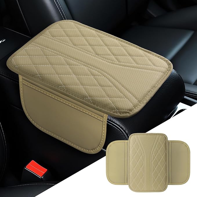 Car Center Console Cover, 11.8"×6.7" Leather Armrest Cover for Cars, Multifunctional Auto Armrest Cushion Pad with Storage Pocket, Universal Arm Rest Protector Car Accessories (Beige)
