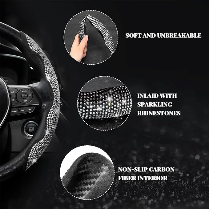 2 PCS Steering Wheel Cover, Segmented Car Wheel Covers with Crystal Rhinestones, Non-Slip Protector Bling Sparkly Decoration for Most Steering Wheels, Car Accessories (Pink)