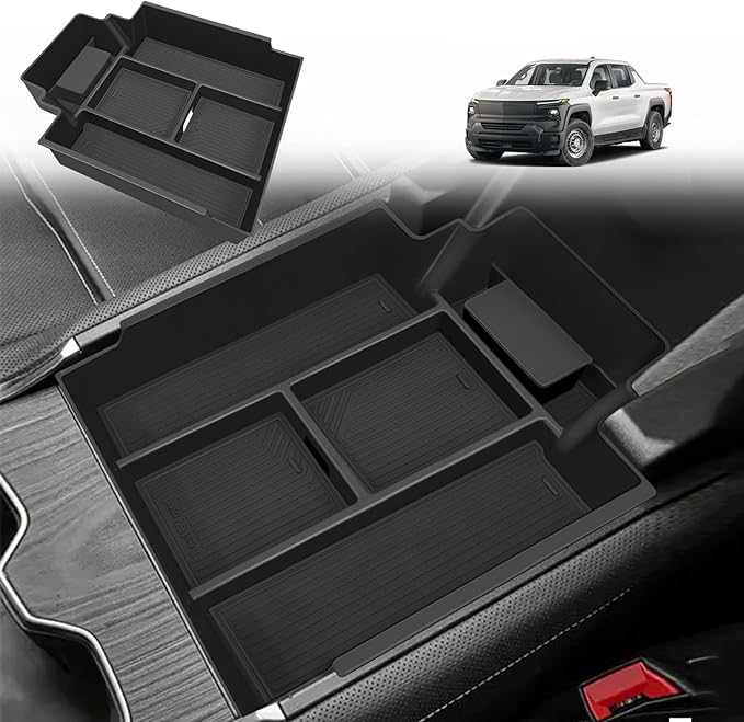 BestEvMod Center Console Organizer Tray Compatible with Chevrolet Silverado EV 2024 2025 Pickup Armrest Storage Box ABS Material with PVC Trim Not Fit ICE or RST Models (Top)