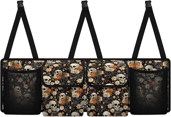Skull Car Trunk Organizer and Storage, Flower Car Accessories for Women Large Capacity Space-Saving Back Seat Car Organizer for SUV/MPV/Truck/Sedan, It Easy to Find Things