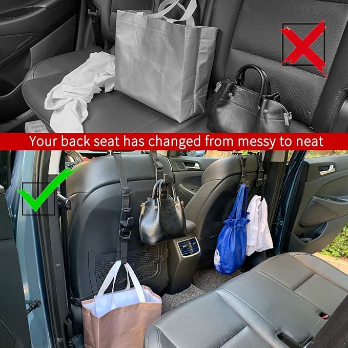 Teocenka 4-Pack Headrest Hooks for Car Universal Interior Auto Vehicle Back Front Seat Hanger Holder Organizer for Handbags Purses Coats and Grocery Bags