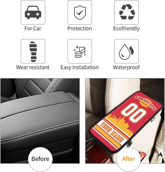 Custom Football Car Armrest Covers Personalized Football Style with Name Number Customized Auto Center Console Pad Car Handrail Box Cushion for Most Vehicle Decor Accessories, Red