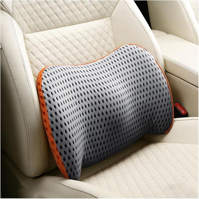Car Lumbar Support Pillow, Memory Foam Ergonomic Vehicle Lower Back Support Cushion for Back Pain Relief and Sciatica, Automotive Seat Lumbar Pillow, Universal for Vehicles (Gray/Orange)