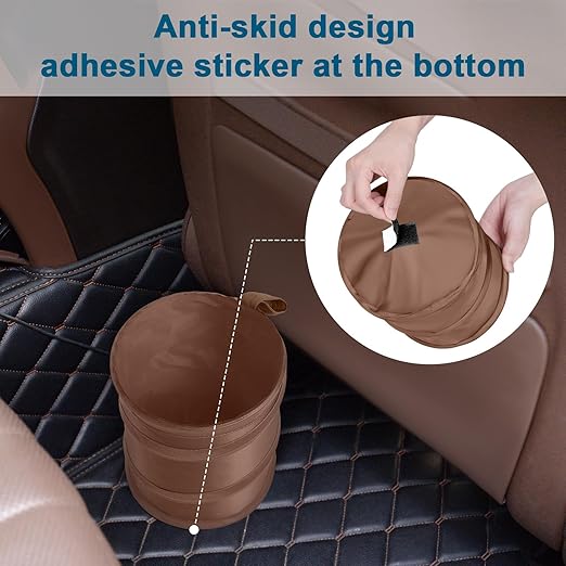Kincown Car Trash Can, 2 Packs Mini Collapsible Car Trash Bin for Front Back Seat, Pop up Car Garbage Can, Portable Car Trash Bag Hanging for Vehicle SUV Rv Truck Accessories Interior, Brown