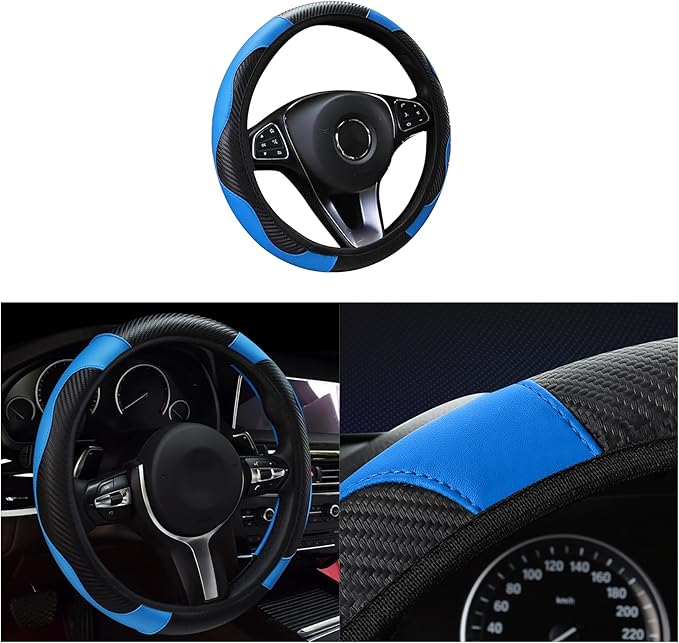 Car Steering Wheel Cover, 15 inch Carbon Fiber Microfiber PU Leather Elastic Steering Wheel Protector for Men Women, Anti-Slip Breathable Car Interior Accessories for Most Cars (Blue)