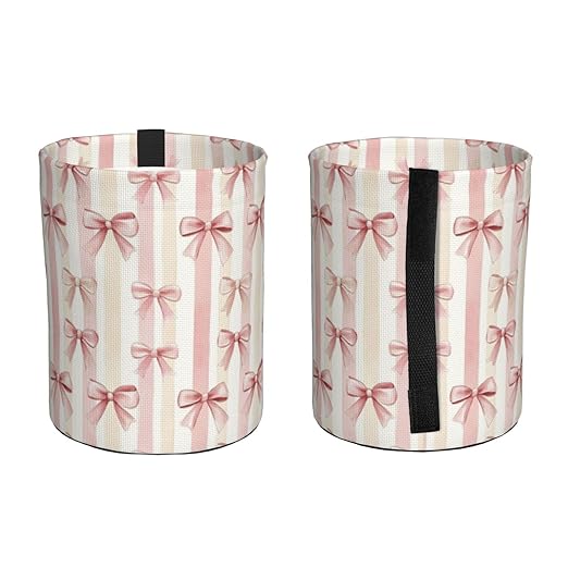 Pink Ribbon Bow Striped Car Trash Can Leak-Proof Waterproof Hanging Trash Bin Collapsible Garbage Can for Car Accessories Travelling Camping