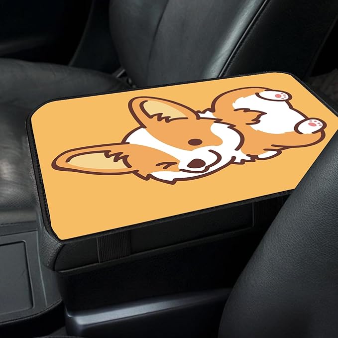 Car Center Console Cover, Universal Soft Large Neoprene Auto Armrest Seat Box Cover, Funny Car Decor Accessories Fit for Most Cars, Vehicles, SUVs Cute Yellow Corgi Dog