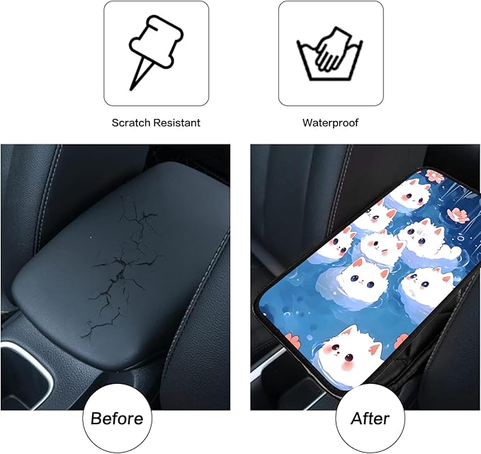JANENFNA Car Armrest Cover Pads Universal Fashion Cute Auto Center Console Armrest Cover Pad with 2PCS Car Coasters Soft Waterproof Car Armrest Seat Protector for Women,Cute White Cat in Water