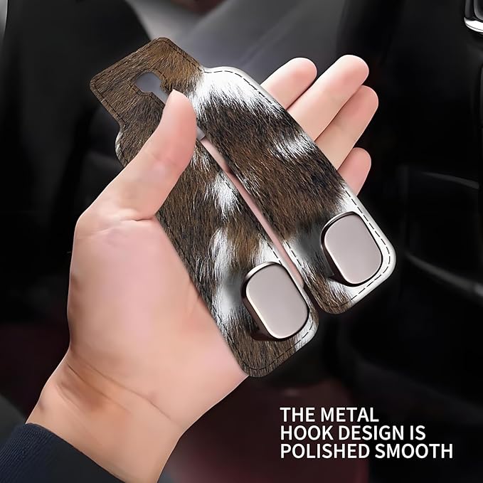 NUGGHU Car Seat Headrest Hook, Universal Leather Cute Hanger Holder Hook, Storage Organizer Interior Accessories for Purse Bags Handbag Brown White Cowhide