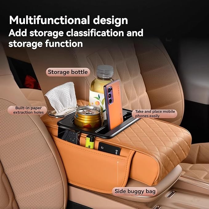 Multifunctional Pu Leather Car Armrest Box Mat, 5-In-1Multifunctional Car Armrest Cushion, Car Arm Rest Cover Pad, Center Console Organizer with Cup Holder, Tissue Box & Phone Slot (Orange)