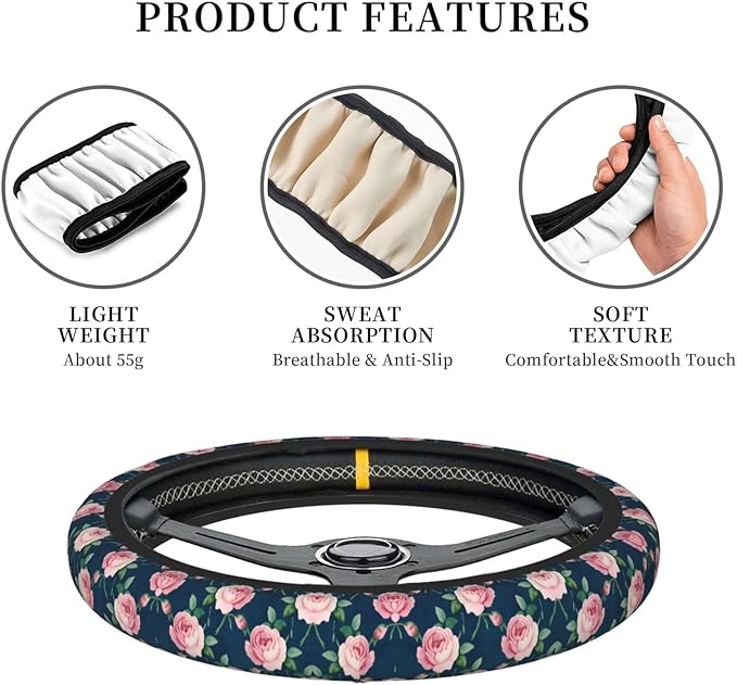 Rose Navy Floral Neoprene Steering Wheel Covers Women Men Car Accessories, Universal 15 Inch Fit Auto, Suvs, Truck