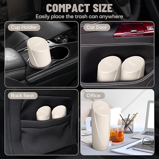 SGLRT Car Trash Can Bin with Lid - Car Garbage Can Cup Holder - Light Beige Mini Leakproof Vehicle Garbage Bin with 40pcs Trash Bags-Automotive Organizers and Storage for Front Back Seat Accessories
