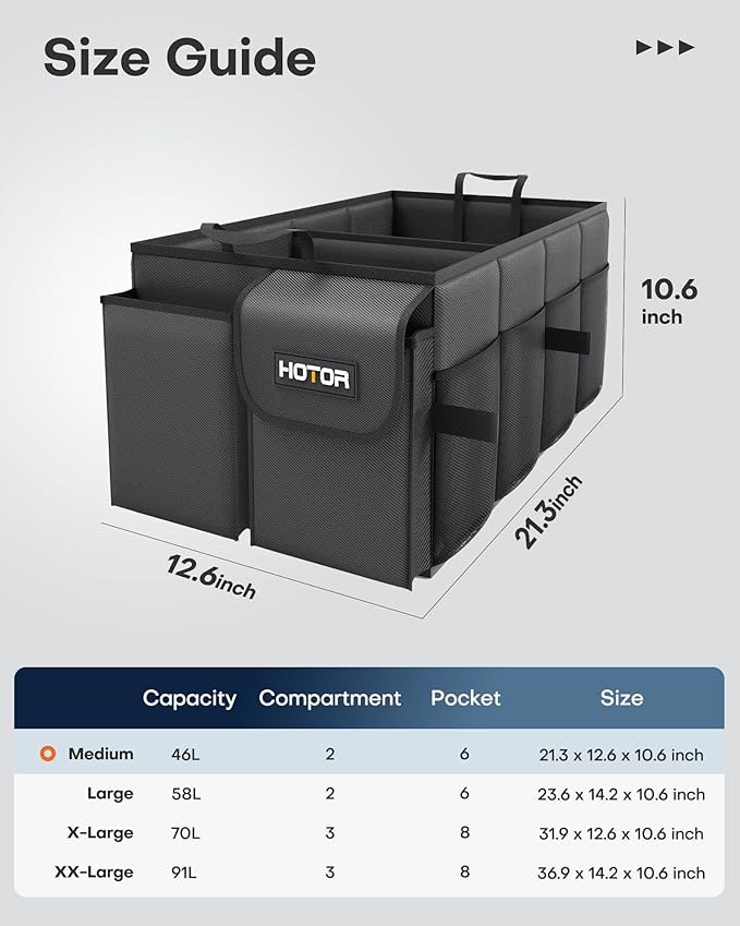 HOTOR Trunk Organizer - Car Organizer, Foldable Trunk organizer for SUVs & Sedans, Sturdy Car Organization for Car Accessories, Tools, Sundries, Black, 2 Compartments, 21.3"×12.6"×10.6"