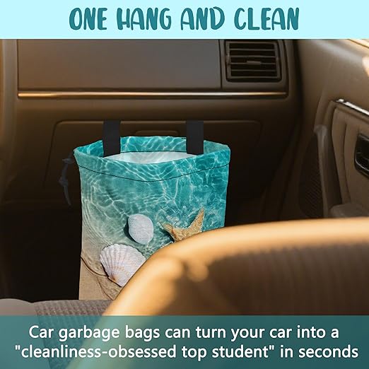 KXWQTRDD Car Garbage Bag Summer Starfish Seashell on Beach Hanging Canvas Car Trash Bag Waterproof Drawstring Car Back Seat Organizer for Car Back Front Seat Console with Adjustable Buckle