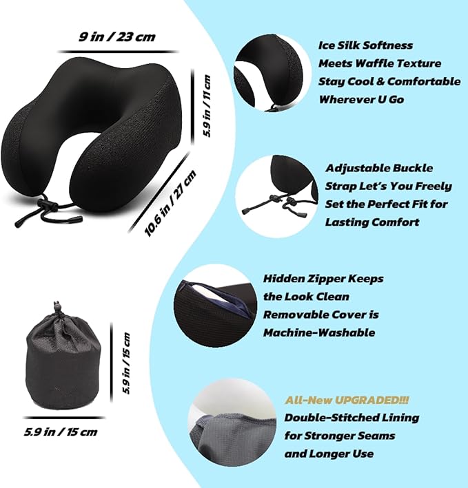 Travel Pillow for Airplane with Cooling Ice Silk & Waffle Cover, Soft Memory Foam U-Shaped Neck Support, Washable & Travel-Friendly for Car, Office & Camping(Black)