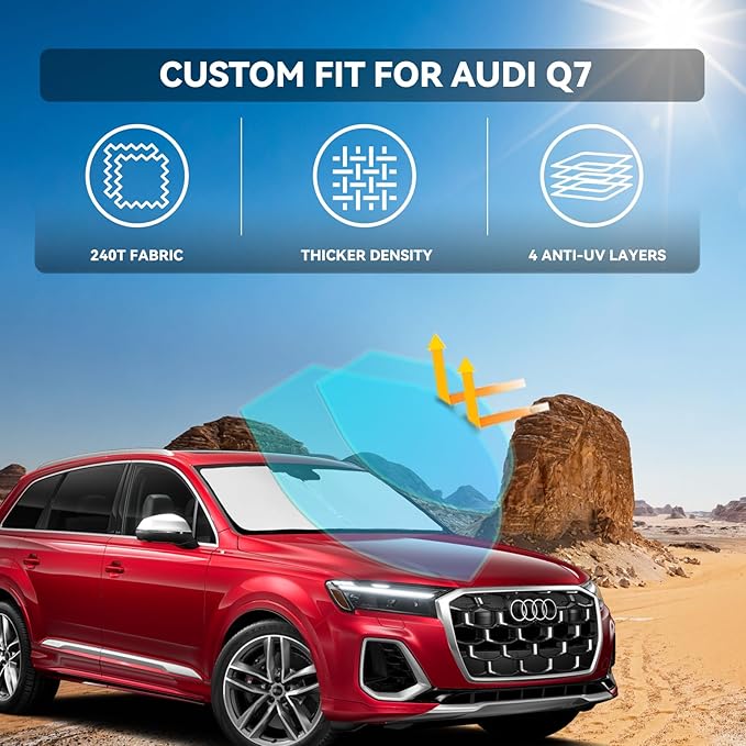 for Audi Q7 2016-2026 Windshield Sun Shade - 4 Layers Car Sunshades for Front Windows Shade Cover Custom Fit Q7 SUV Sun Visor 240T Retractable Shade Blocks UV Rays Car Accessories