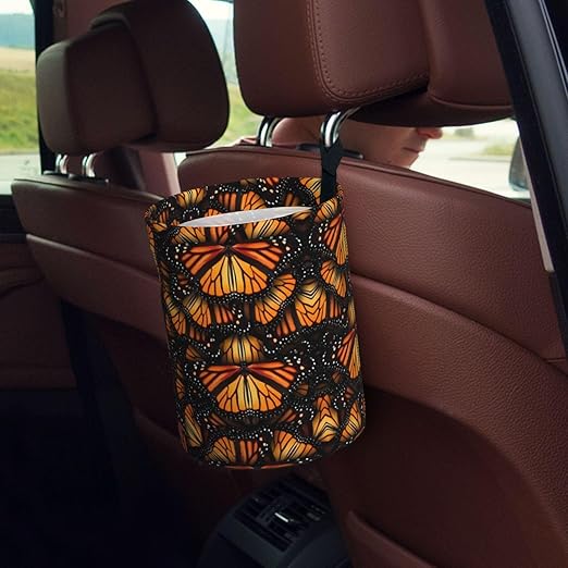 Orange Monarch Butterflies Car Trash Can Leak Proof Hanging Waterproof Garbage Can Multipurpose Trash Bin for Car SUV Front Seat Headrest Collapsible and Portable Storage Pocket