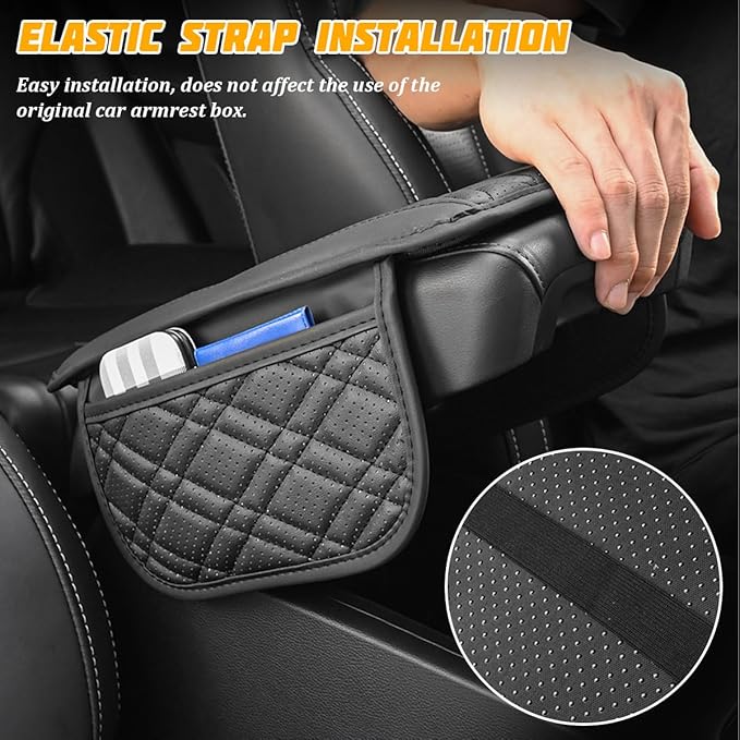 Car Center Console Cover, Leather Vehicle Armrest Cushion Pad with 2 Storage Bags, Comfortbale Automotive Interior Middle Seat Box Protector Accessories, Universal Fit (Black)
