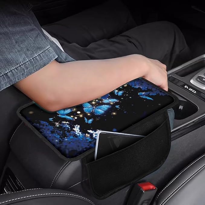 Dreaweet Car Armrest Cover Pad Blue Butterfly Flower Print Center Console Covers with Pockets for Car SUV Truck Sedan,Universal Washable Arm Rest Cover for Car