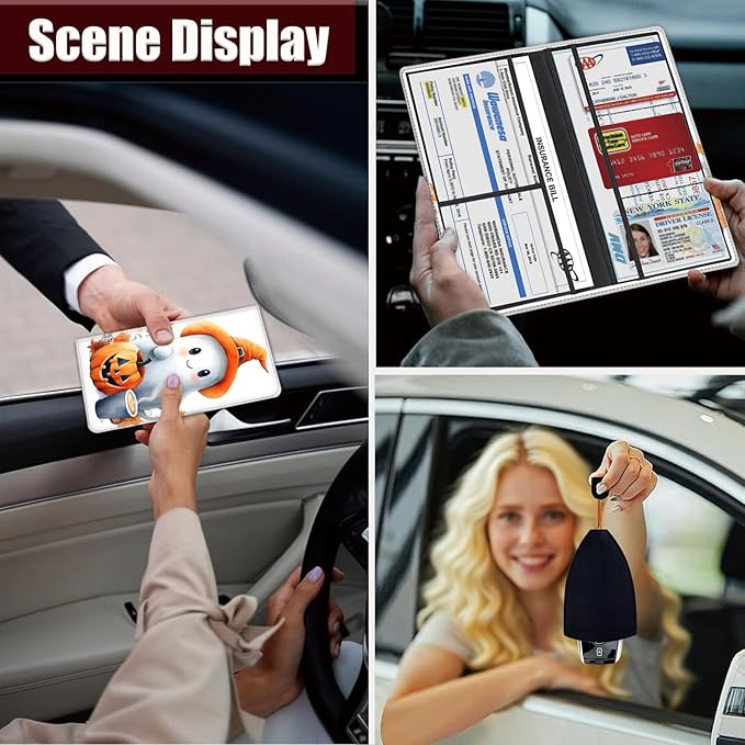 Car Registration Holder, PU Leather Vehicle Glove Box Organizer for Driver License, Document, Car Insurance Holder with Magnetic Shut, Auto Paperwork Wallet Case Accessories, Cute Ghost Pumpkin