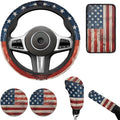 American Flag 6pcs Car Decor Set for Women Men Car Steering Wheel Cover Retro Style Armest Cushion Auto Interior Decor Cup Holder for SUV Truck Sedan