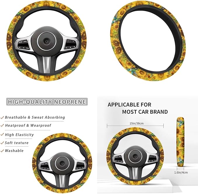 Hummingbird Print Steering Wheel Cover Car Accessories for Women Yellow Sunflower Car Interior Decor Cup Coaster Cars Armrest Cover Suit for Most SUV Vans Trucks