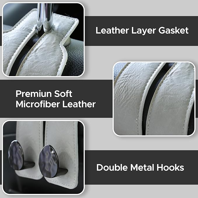 URIZZD 4 PCS Leather Car Seat Hooks for Headrest, Vehicle Hanger Storage Organizer Universal for Handbag Purse, Car Accessories Gift (Grey-Black-4 PCS)