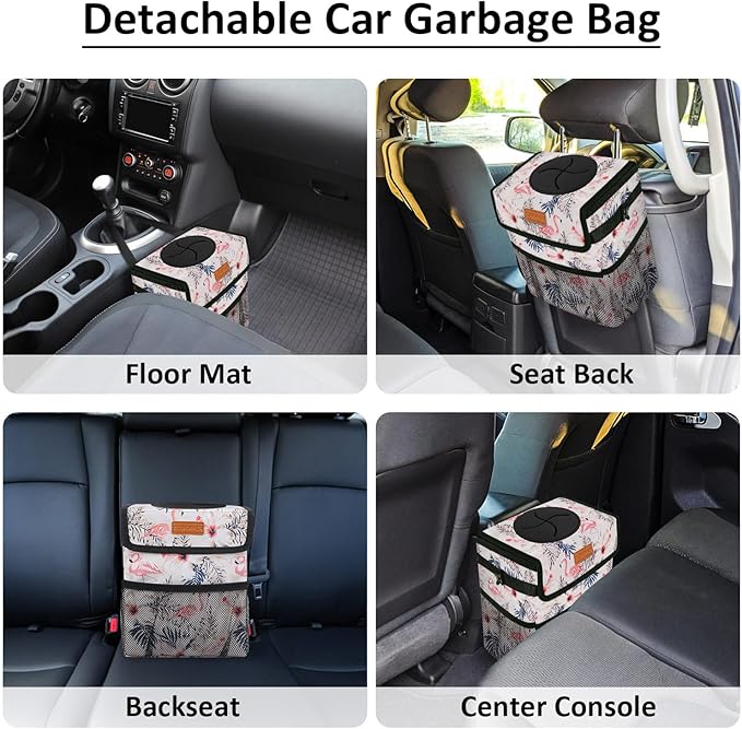 ELONGRIVER Car Trash Can Bin for Back Seat Leak Proof, Cute Car Trash Bag Hanging, Vehicle Trash Can for SUV Truck Van, Automotive Garbage Cans Front Seat Flamingos, 2 Gallons