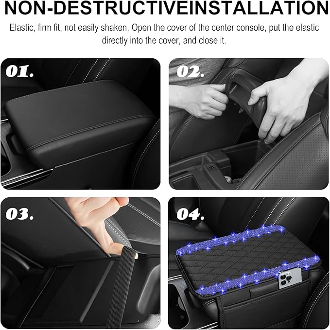 NBTEPEM Bling Car Center Console Cover, Leather Car Arm Rest Cover Cushion with 2 Storage Bags, Universal Automotive Armrest Protector Storage Box, Bling Accessories Interior for Most Vehicles (Blue)