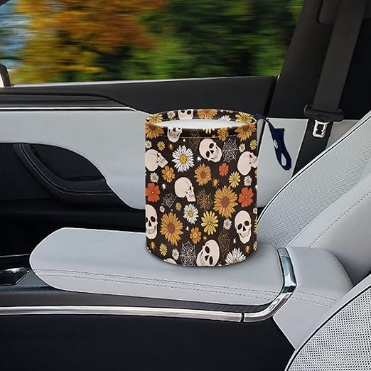 Brosoneto Halloween Gothic Skull Car Trash Bag Portable Garbage Bin Hippie Daisy Retro for Car Front Seat, Back Seat, Floor, Easy to Clean Car Garbage Accessory Car Interior Decoration