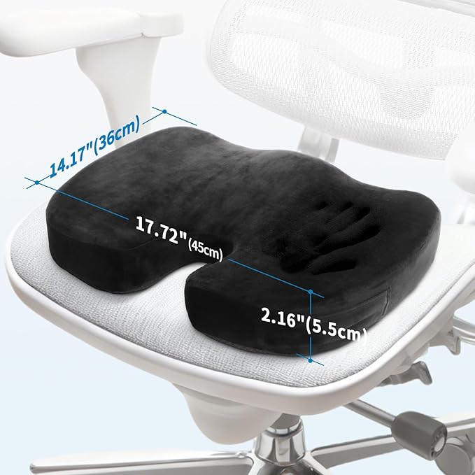 Memory Foam Seat Cushion for Sciatica Pain Relief, Posture Corrector for Office Chair, Car Seat & Wheelchair, Breathable Suede Cover with Non-Slip Bottom & Carrying Handle, Washable, Black