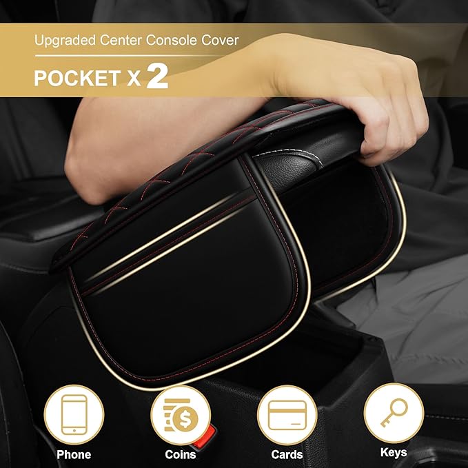 Center Console Cover for Pilot: Armrest Cover for Car with 2 Storage Bags - Scratch & Wear Resistant & Waterproof Leather Console Cover,Anti-Scratch Auto Armrest Pad Accessory （Black&Red