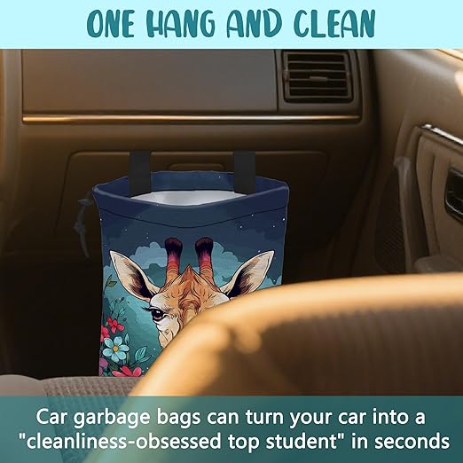 KXWQTRDD Car Garbage Bag Giraffe and Colorful Flowers Drawstring Car Trash Bag Hanging for Back Seat with Adjustable Buckle Canvas Vehicle Trash Can Easy-to-Install