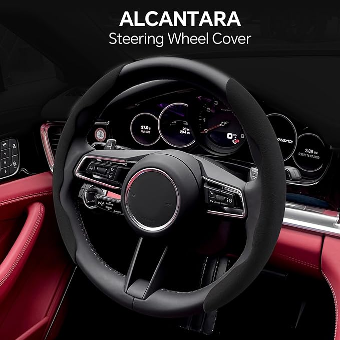 PAUUOOA 2 Piece Alcantara Steering Wheel Cover - Split Sport Design for D & O Shape Wheels, Soft Touch · Anti-Slip Grip · All Season Comfort · Durable Luxury Material for Performance Cars