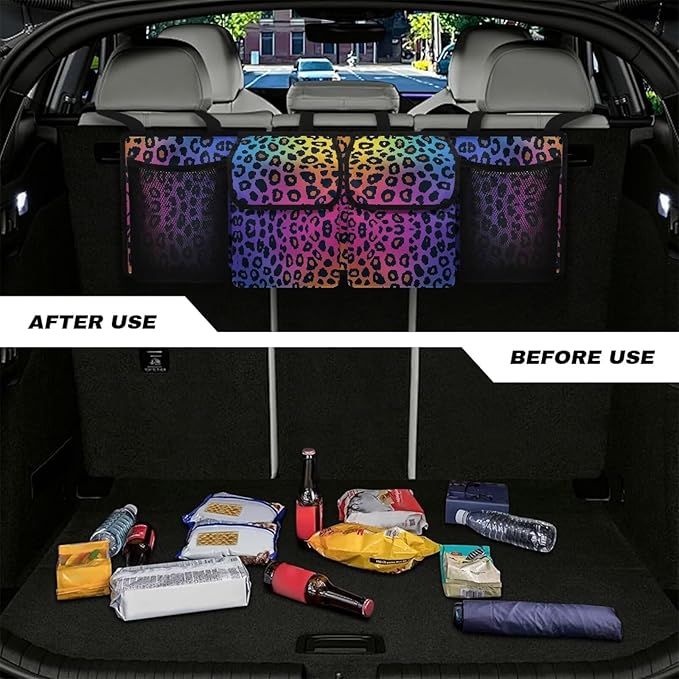 Rainbow Leopard Print Hanging Trunk Organizer Large Capacity Back of Seat Car Organizer with 4 Pockets & Buckle Straps, Waterproof Car Accessories for SUV Truck Sedan