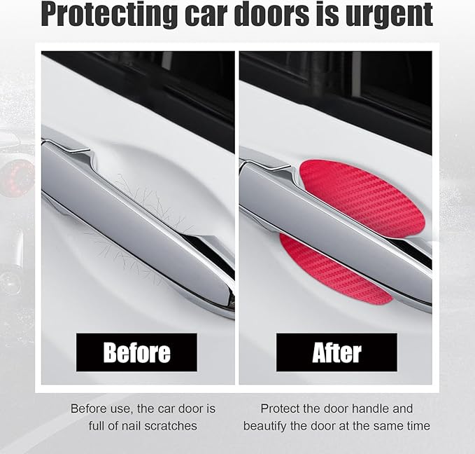 Kewucn 4PCS Car Handle Sticker, Carbon Fiber Auto Door Handle Protective Films, Anti-Scratch Vehicle Cup Protector, Universal Exterior Accessories for Most Cars (Red)