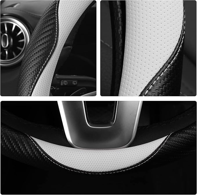 Car Steering Wheel Covers for Women Girl Padded Carbon Fiber PU Leather Cute Cartoon Auto Interior Accessories for Jeep, Truck, Universal, Anti Slip, White, Large Size, 15.2-16in