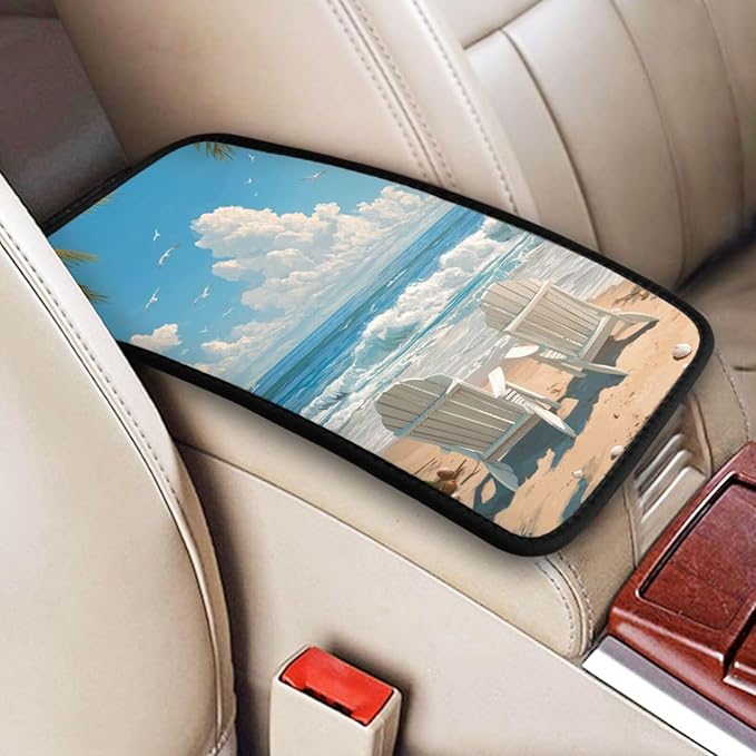 Beach Scene Center Console Cover Pad, Car Armrest Seat Box Cover Cushion Universal for Most Vehicle SUV Truck, Car Interior Accessories Decor, Protect from Pet Claws & Dirt