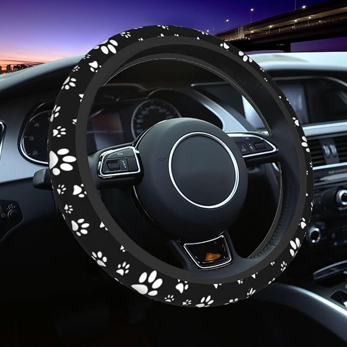 Black and White Dog Cat Paw Print Steering Wheel Cover for Women Men with 2 Pcs Car Coasters, 15 Inches Neoprene Anti-Slip Cute Universal Car Accessories Protective Cover for Vehicle