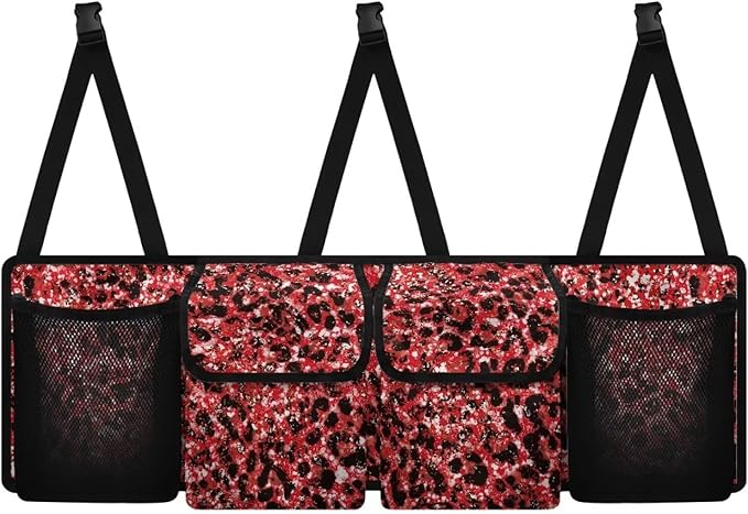 Red Leopard Car Storage Bag Hanging Backseat Organizer Waterproof Large Capacity Trunk Organizer for SUV with 4 Pockets & Buckle Suitable for Women Shopping or Beach Vacation