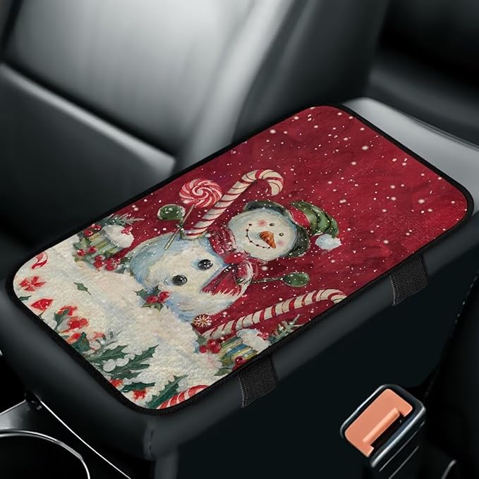 Bulopur Christmas Cute Snowman Car Center Console Cover Protector Arm Rest Car Flannel Comfortable Auto Armrest Console Accessories Universal Fit Most Cars Women Men