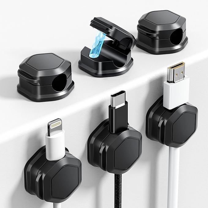 6 Pack Magnetic Cable Clips [Cable Smooth Adjustable] Cord Organizer - Cuworlis Adhesive Wire Holder, Under Desk Cord Holder Keeper for Home Office Desk Phone Car Wall Desktop Nightstand Cabinet